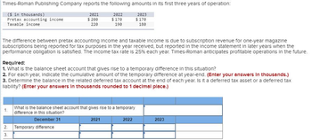 Times-Roman Publishing Company reports the following amounts in its first three years of operation:
2022
($ in thousands)
Pretax accounting income
Taxable income
$ 170
190
2023
$ 170
180
The difference between pretax accounting income and taxable income is due to subscription revenue for one-year magazine
subscriptions being reported for tax purposes in the year received, but reported in the income statement in later years when the
performance obligation is satisfied. The income tax rate is 25% each year. Times-Roman anticipates profitable operations in the future.
1.
2021
Required:
1. What is the balance sheet account that gives rise to a temporary difference in this situation?
2. For each year, indicate the cumulative amount of the temporary difference at year-end. (Enter your answers in thousands.)
3. Determine the balance in the related deferred tax account at the end of each year. Is it a deferred tax asset or a deferred tax
llability? (Enter your answers in thousands rounded to 1 decimal place.)
2.
3.
$ 200
220
Temporary difference
What is the balance sheet account that gives rise to a temporary
difference in this situation?
December 31
2021
2022
2023