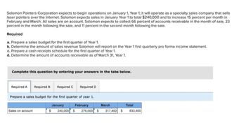 Solomon Pointers Corporation expects to begin operations on January 1, Year 1; it will operate as a specialty sales company that sells
laser pointers over the Internet. Solomon expects sales in January Year 1 to total $240,000 and to increase 15 percent per month in
February and March. All sales are on account. Solomon expects to collect 66 percent of accounts receivable in the month of sale, 23
percent in the month following the sale, and 11 percent in the second month following the sale.
Required
a. Prepare a sales budget for the first quarter of Year 1.
b. Determine the amount of sales revenue Solomon will report on the Year 1 first quarterly pro forma income statement.
c. Prepare a cash receipts schedule for the first quarter of Year 1.
d. Determine the amount of accounts receivable as of March 31, Year 1.
Complete this question by entering your answers in the tabs below.
Required A Required B Required C Required D
Prepare a sales budget for the first quarter of year 1.
January
February
$ 240,000 $ 276,000 $
Sales on account
March
317,400 S
Total
833,400