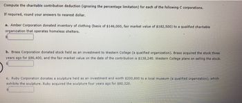 Compute the charitable contribution deduction (ignoring the percentage limitation) for each of the following C corporations.
If required, round your answers to nearest dollar.
a. Amber Corporation donated inventory of clothing (basis of $146,000, fair market value of $182,500) to a qualified charitable
organization that operates homeless shelters.
b. Brass Corporation donated stock held as an investment to Western College (a qualified organization). Brass acquired the stock three
years ago for $86,400, and the fair market value on the date of the contribution is $138,240. Western College plans on selling the stock.
c. Ruby Corporation donates a sculpture held as an investment and worth $200,800 to a local museum (a qualified organization), which
exhibits the sculpture. Ruby acquired the sculpture four years ago for $80,320.