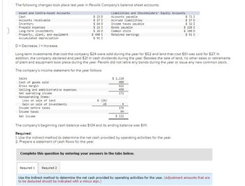 )
The following changes took place last year in Pavolik Company's balance sheet accounts:
Asset and Contra-Asset Accounts
Cash
Sales
Cost of goods sold
Gross margin
Selling and administrative expenses
Net operating income.
Nonoperating items:
Accounts receivable
Inventory
Prepaid expenses
Long-term investments
Property, plant, and equipment
Accumulated depreciation
D = Decrease; I= Increase.
Long-term investments that cost the company $24 were sold during the year for $52 and land that cost $51 was sold for $27. In
addition, the company declared and paid $21 in cash dividends during the year. Besides the sale of land, no other sales or retirements
of plant and equipment took place during the year. Pavolik did not retire any bonds during the year or issue any new common stock.
The company's income statement for the year follows:
Loss on sale of land.
Gain on sale of investments
Income before taxes
Income taxes
Net income
$ 23 D
$ 27 I
$ 64 D
$ 22 I
$24 D
$ 440 I
$ 91 I
Liabilities and Stockholders' Equity Accounts
Accounts payable
Accrued liabilities
$ (24)
28
Required 1 Required 2
Income taxes payable
Bonds payable
Common stock
Retained earnings
2**
$ 1,110
488
622
450
172
4
176
64
$ 112
The company's beginning cash balance was $134 and its ending balance was $111.
Required:
1. Use the indirect method to determine the net cash provided by operating activities for the year.
2. Prepare a statement of cash flows for the year.
Complete this question by entering your answers in the tabs below.
$ 71 I
$ 27 D
$ 32 I
$ 228 I
$ 108 D
$ 91 I
Use the indirect method to determine the net cash provided by operating activities for the year. (Adjustment amounts that are
to be deducted should be indicated with a minus sign.)