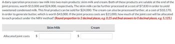 A dairy operation processes raw milk into two main products: skim milk and cream. Both of these products are salable at the end of the
joint process, worth $13,000 and $24,000, respectively. The skim milk can be further processed at a cost of $7,830 in order to yield
sweetened condensed milk. This final product can be sold for $24,000. The cream can also be processed further, at a cost of $10,170,
in order to generate butter, which is worth $43,000. If the joint process costs are $21,000, how much of the joint cost will be allocated
to each product under the NRV method? (Round proportion to 2 decimal places, e.g. 0.25 and final answers to 0 decimal places, e.g. 5,125.)
Allocated joint costs
Skim Milk
Cream