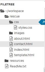 The image displays a file tree structure commonly used in web development environments. Here is the breakdown of the directory:

- **~/workspace**
  - **rescue**
    - **css**
      - `styles.css`: This file likely contains the Cascading Style Sheets (CSS) code for styling the HTML pages.
    - **images**
    - `about.html`: An HTML file that possibly contains the "About" page content for the website.
    - `contact.html`: An HTML file that probably contains the "Contact" page details for the website.
    - `index.html`: This is typically the main HTML file for the website, often serving as the homepage.
    - `template.html`: An HTML file that may serve as a structural template for other pages.
  - **resources**
    - `ReadMe.txt`: A text file, usually containing instructions or information about the project.

This file tree representation is useful for organizing the components of a web project, making it easier to manage and edit different parts of the website.