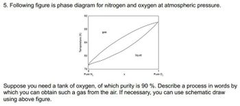 5. Following figure is phase diagram for nitrogen and oxygen at atmospheric pressure.
Temperature (K)
92
88
84
gas
8
liquid
76
0
Pure N₂
Pure O₂
Suppose you need a tank of oxygen, of which purity is 90 %. Describe a process in words by
which you can obtain such a gas from the air. If necessary, you can use schematic draw
using above figure.