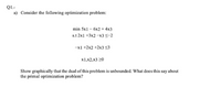 Q1.-
a) Consider the following optimization problem:
min 5x1 – 6x2 + 4x3
s.t 2x1 +3x2 -x3<-2
-x1 +2x2 +2x3 <3
x1,x2,x3 20
Show graphically that the dual of this problem is unbounded. What does this say about
the primal optimization problem?
