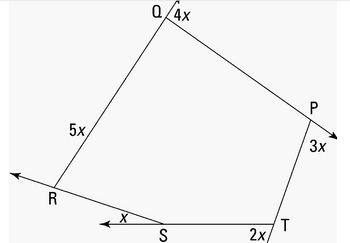 The image illustrates a closed figure with vertices labeled as P, Q, R, S, and T. The figure is composed of the following directed line segments, each accompanied by a vector magnitude indicated in terms of "x":

- **QP**: 4x
- **PR**: 5x
- **RS**: x
- **ST**: 2x
- **TP**: 3x

The diagram represents a polygonal path, with arrows showing the direction of each segment. Each segment is labeled with the vector magnitude, suggesting that these could be considered as vectors in a vector addition problem or a related mathematical concept. If analyzing vector addition, the sum of these vectors should theoretically form a closed loop, summing to zero.