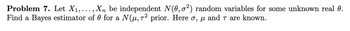 Problem 7. Let X₁,..., Xn be independent N(0,0²) random variables for some unknown real 0.
Find a Bayes estimator of 0 for a N(µ,7² prior. Here σ, µ and □ are known.