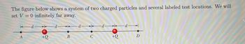 The figure below shows a system of two charged particles and several labeled test locations. We will
set V = 0 infinitely far away.
A
+Q
d
B
*
C
+Q
d H
D