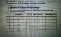 Given the activities of a project; their optimistic (t.), most likely (t_) and pessimistic
(t) time estimates; and their immediate predecessors shown below
1. When is the earliest project completion?
2. Which activities are critical (should not be delayed)?
3. Which activities are noncritical (can be delayed)?
4. How long can each of the activities be delayed without delaying the whole
project (maamum slack]?
Immediate
Activity Times, months
Maximum Slack,
Activities
Predecessors
t.
months
to
13
16
4
17
A
2
14
3.
13
10
13
14
B. D
FH.
25
ABCDELGHI
