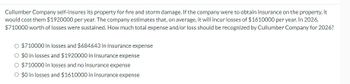 Cullumber Company self-insures its property for fire and storm damage. If the company were to obtain insurance on the property, it
would cost them $1920000 per year. The company estimates that, on average, it will incur losses of $1610000 per year. In 2026,
$710000 worth of losses were sustained. How much total expense and/or loss should be recognized by Cullumber Company for 2026?
O $710000 in losses and $684643 in insurance expense
O $0 in losses and $1920000 in insurance expense
O $710000 in losses and no insurance expense
O $0 in losses and $1610000 in insurance expense
