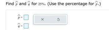 Find \(\hat{p}\) and \(\hat{q}\) for 25%. (Use the percentage for \(\hat{p}\).)

\[
\begin{align*}
\hat{p} &= \square \\
\hat{q} &= \square \\
\end{align*}
\]

There are two empty boxes provided for inputting values.

Beside the boxes, there is a control panel featuring an 'X' button and a refresh button, indicating functionalities for resetting the values or starting over.