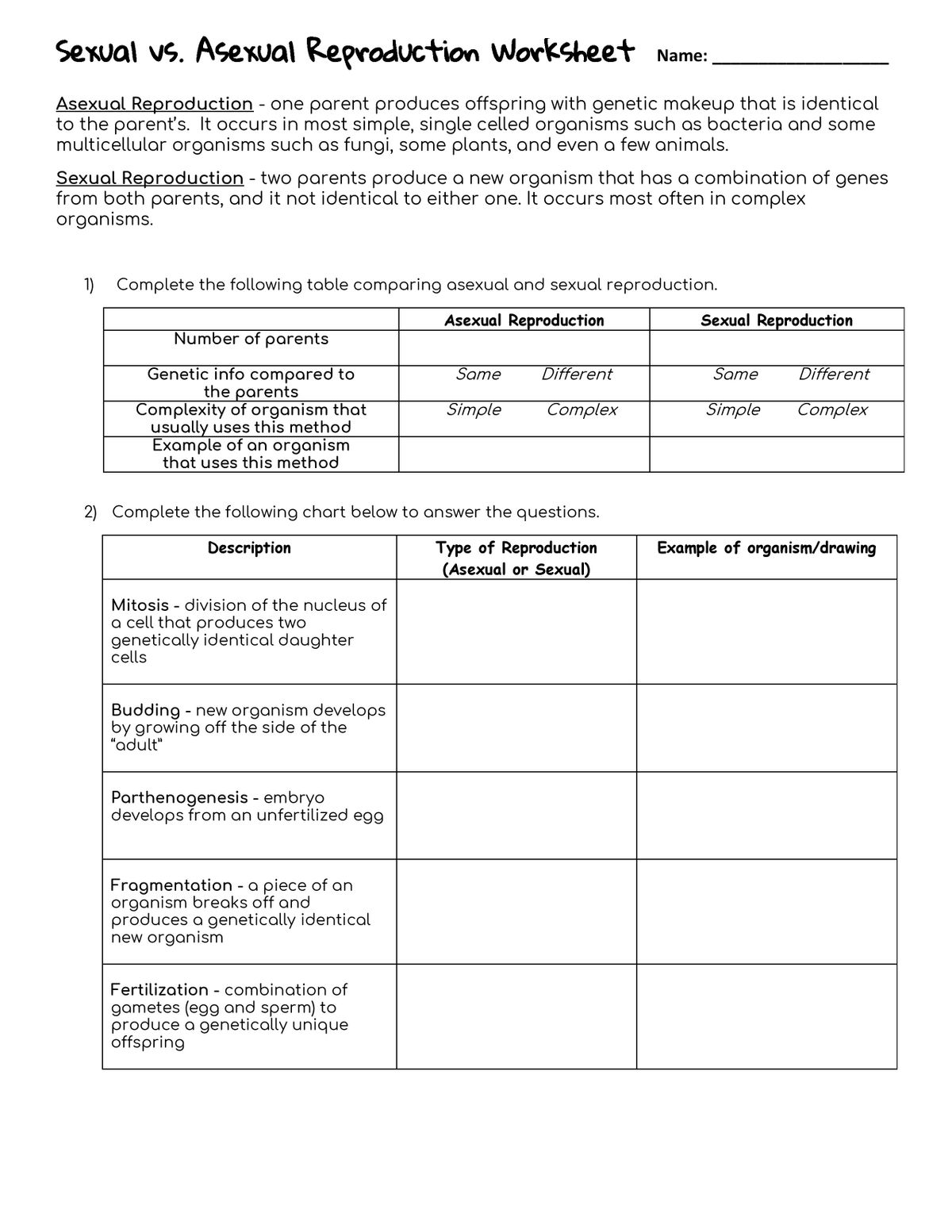 Sexual And Asexual Reproduction Worksheet Worksheets Printable Free 9141