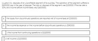 1 Lupton Inc. disposes of an unprofitable segment of its business. The operation of the segment suffered a
S200000 loss in the year of disposal. The loss on disposal of the segment was $100000. If the tax rate is
30%, and income before income taxes was S1600000,
a
the losses from discontinued operations are reported net of income taxes at $300000.
the income tax expense on the income before discontinued operations is $390000.
c the income from continuing operations is $1120000.
d net income is $1300000.
