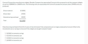 ## Concord Corporation: Incremental Cost Analysis

### Production Costs for 100,000 Units
Concord Corporation manufactures widgets, and Bowden Company has proposed a deal to sell Concord the widgets at a price of $88,000 for 100,000 units. Below are the costs associated with Concord's production process for producing 100,000 units:

- **Direct Material:** $33,000
- **Direct Labor:** $29,500
- **Manufacturing Overhead:** $48,500

**Total Cost:** $111,000

### Incremental Cost/Savings Analysis
If Concord buys the widgets instead of making them, a manufacturing overhead cost of $12,150 will be eliminated. We need to determine the incremental cost or savings for Concord when deciding to buy the widgets from Bowden Company instead of producing them internally.

### Calculation Options
Choose the correct incremental cost or savings from the options below:

- \( \boxed{\$23,000 \text{ incremental savings}} \)
- \( \boxed{\$13,350 \text{ incremental cost}} \)
- \( \boxed{\$10,850 \text{ incremental savings}} \)
- \( \boxed{\$23,000 \text{ incremental cost}} \)

### Steps to Determine Incremental Cost/Savings
To solve for the incremental cost or savings, follow these steps:

1. **Calculate the reduced manufacturing overhead if components are no longer produced:**
    $$ \text{Reduced Manufacturing Overhead} = \$48,500 - \$12,150 = \$36,350 $$
   
2. **Calculate the total savings from not producing the widgets:**
    $$ \text{Total Cost of Production} = \$111,000 $$
    $$ \text{Cost without Overhead Savings} = \$111,000 - \$12,150 = \$98,850 $$

3. **Compare the cost of buying versus making:**
   Compare the cost of buying the widgets (\$88,000) with the cost of making them without the overhead savings (\$98,850).

4. **Determine the Incremental Savings:**
    $$ \text{Incremental Savings} = \$98,850 - \$88,000 = \$10,850 $$

Therefore, the incremental savings for Concord if the widgets are bought instead of made is \( \$10,850 \).
  
### Conclusion
The correct option is:
\[ \boxed{\$10,850 \text