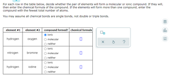 For each row in the table below, decide whether the pair of elements will form a molecular or ionic compound. If they will,
then enter the chemical formula of the compound. If the elements will form more than one compound, enter the
compound with the fewest total number of atoms.
You may assume all chemical bonds are single bonds, not double or triple bonds.
element #1
hydrogen
nitrogen
hydrogen
element #2
oxygen
bromine
iodine
compound formed? chemical formula
ionic
molecular
neither
ionic
molecular
neither
ionic
molecular
O neither
0
7
00
x
Ś
?
olo
Ar