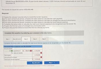 Hillside issues $4,000,000 of 6%, 15-year bonds dated January 1, 2021, that pay interest semiannually on June 30 and
December 31.
The bonds are issued at a price of $3,456,448.
Required:
1. Prepare the January 1 journal entry to record the bonds' issuance.
2(a) For each semiannual period, complete the table below to calculate the cash payment.
2(b) For each semiannual period, complete the table below to calculate the straight-line discount amortization.
2(c) For each semiannual period, complete the table below to calculate the bond interest expense.
3. Complete the below table to calculate the total bond interest expense to be recognized over the bonds' life.
4. Prepare the first two years of a straight-line amortization table.
5. Prepare the journal entries to record the first two interest payments.
Complete this question by entering your answers in the tabs below.
Req 1
Req 2A to 2C
Req 3
Req 4
Req 5
Complete the below table to calculate the total bond interest expense to be recognized over the bonds' life.
Total bond interest expense over life of bonds:
Amount repaid:
30 payments of
$
138,118 $ 4,143,540
Par value at maturity
Total repaid
4,143,540
Less amount borrowed
Total bond interest expense
$ 4,143,540
< Req 2A to 2C
Req 4 >
"Red text indicates no response was expected in a cell or a formula-based calculation is incorrect; no points deducted.