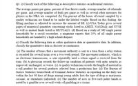 Q1: i) Classify each of the following as descriptive statistics or inferential statistics.
The average points per game, percent of free throws made, average number of rebounds
per game, and average mumber of fouls per game as well as several other measures for
players in the NBA are computed. (b) Ten percent of the boxes of cereal sampled by a
quality technician are found to be under the labeled weight. Based on this finding, the
filling machine is adjusted to increase the amount of fill (c) USA Today gives several
pages of numerical quantities conceming stocks listed in AMEX, NASDAQ, and NYSE
as well as mutual fiinds listed in MUTUALS. (d) Based on a study of 500 single parent
households by a social researcher, a magazine reports that 25% of all single parent
households are headed by a high school dropout.
i) Classify the following data as either qualitative data or quantitative data. In addition,
classify the quantitative data as discrete or continuous.
(a) The number of times that a movement authority is sent to a train from a relay station
is recorded for several trains over a two-week period. The movement authority, which is
an electronic transmission, is sent repeatedly until a return signal is received from the
train. (b) A physician records the follow-up condition of patients with optic neuritis as
improved, unchanged, or worse. (c) A quality technician records the length of material in
a roll product for several products selected from a production line. (d) The Burcau of
Justice Statistics Sourcebook of Criminal Justice Statistics in reporting on the daily use
within the last 30 days of drugs among young adults lists the type of drug as marijuana,
cocaine, or stimulants (adjusted). (e) The mumber of aces in five-card poker hands is
noted by a gambler over several weeks of gambling at a casino.
