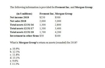 The following information is provided for Fremont Inc. and Morgan Group:
Fremont Inc. Morgan Group
(in $ millions)
Net income 2018
$250
$500
Net sales 2018
2,000
5,000
Total assets 12/31/16
1,300
2,800
Total assets 12/31/17
1,500
3,400
Total assets 12/31/18
1,700
4,200
Investment in other firms $50
$100
What is Morgan Group's return on assets (rounded) for 2018?
a. 10.9%
b. 12.5%
c. 11.8%
d. 13.1%
e. 9.6%
f. 11.3%