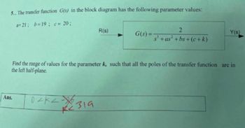 5... The transfer function G(s) in the block diagram has the following parameter values:
Ans.
a=21; b=19; c= 20;
R(s)
G(s)=
2
s+as+bs+(c+k)
Y(s)
Find the range of values for the parameter k, such that all the poles of the transfer function are in
the left half-plane.
0212319