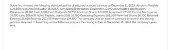 Spicer Inc. showed the following alphabetized list of adjusted account balances at December 31, 2023: Accounts Payable
$ 24,860 Accounts Receivable 38,300 Accumulated depreciation, Equipment 10,190 Accumulated depreciation,
Warehouse 20,380 Cash 7,500 Cash Dividends 18,700 Common Shares 103,000 Equipment 77,500 Income Tax Expense
39,700 Land 108,600 Notes Payable, due in 2026 32,700 Operating Expenses 108,300 Preferred Shares 38,300 Retained
Earnings 26,820 Revenue 262,150 Warehouse 119,800 The company uses an income summary account in the closing
process. Required: 1. Assuming normal balances, prepare the closing entries at December 31, 2023, the company's year-
end.