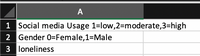 A
1 Social media Usage 1=low,2=moderate,3=high
2 Gender 0=Female,1=Male
3 loneliness
