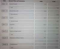 Date
Account Titles and Explanation
Debit
Credit
May 4
Accounts Payable
650
Cash
650
May 7
Accounts Receivable
7,410
Service Revenue
7,410
May 8
Supplies
850
Accounts Payable
850
May 9
Equipment
2,010
Cash
2,010
May 17 v
Salaries and Wages Expense
610
Cash
610
May 22 v
Maintenance and Repairs Expense
840
840
May 29 v
Prepaid Insurance
1,170
1,170
Cash
