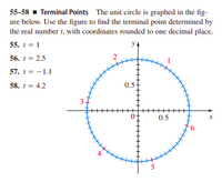 55-58 - Terminal Points The unit circle is graphed in the fig- ure below. Use the figure to find the terminal point determined by the real number 1, with coordinates rounded to one decimal place. 55. 1= 1 y4 56. 1 = 2.5 57. 1 = -1.1 58. 1 = 4.2 0.5 0.5 