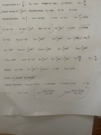 v2
Circular motion: ac =
R
W
Pavr =
At
Fnet = ma;
Weight: Fg= mg, ;
g = 9.8 m/s²;
1
(Kinetic energy: K =
m v²;
Potential energy: Ug=mgy
E = Er
E = U+K
2
v2
Rotational motion:
e = -;
1 rev = 27 rad;
v = o r;
= o'r;
a = a r;
a, =
0 = 0o t+
2
@ = 0o + at;
20a = @? - @o?
K=-lo
T=rxF;
T=rFsino;
1 mR ?
1
Icy= mR2
Στ-Ια;
Ipoințmass = mr2
Idisk =
Ipipe =
mRout
+ Rin
1
2
Ired(end) = mL
2
Ishell =
mR?
Ihoop = mR?
Irod(center) =
-mL²
Ipall =
%3D
mR?
work: W=t0; K=-Io 2
dW
P =
dt
W
Pavr =
At
I= Icom + MD²
W =
2
Rolling:
2 +
1
m Vcom
Vcom = Ro
K=
-Io
T= f,R
F,max = H,Fn
Incline: F=mgsin0 F-mgcoso
Angular momentum:
Lpoint mass
= m rxv
L= mrvsin 0;
L=m (r,vy - ryVx)k
L= Io
LI = Lr
In 01 =I 202
m,X1 +m2X2
mıy1+m2y2
X com
У сom
m1 +m2
m1 +m2
12.25t 2,2 s
14.5
