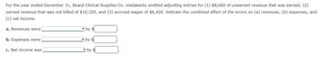 For the year ended December 31, Beard Clinical Supplies Co. mistakenly omitted adjusting entries for (1) $8,060 of unearned revenue that was earned, (2)
earned revenue that was not billed of $10,320, and (3) accrued wages of $6,420. Indicate the combined effect of the errors on (a) revenues, (b) expenses, and
(c) net income.
a. Revenues were
b. Expenses were
c. Net income was
by $
by $
by $