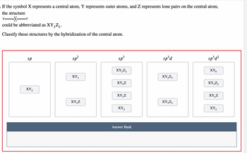 If the symbol X represents a central atom, Y represents outer atoms, and Z represents lone pairs on the central atom,
the structure
Y- -X-Y
could be abbreviated as XY₂Z₂.
Classify these structures by the hybridization of the central atom.
sp
XY₂
sp²
XY3
XY₂Z
sp³
XY₂Z2
XYZ
XY3Z
XY4
Answer Bank
sp³ d
XY₂Z3
XY3Z2
sp³ d²
XY6
XY4Z2
XY,Z
XY5