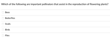 Which of the following are important pollinators that assist in the reproduction of flowering plants?
Bees
Butterflies
Snails
Birds
Flies