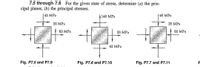 7.5 through 7.8 For the given state of stress, determine (a) the prin-
cipal planes, (b) the principal stresses.
142 MPa
1140 MPa
140 MPа
28 MPa
35 MPa
63 MPa
28 MPa
60 MPa
42 MPa
Fig. P7.5 and P7.9
Fig. P7.6 and P7.10
Fig. P7.7 and P7.11
F
