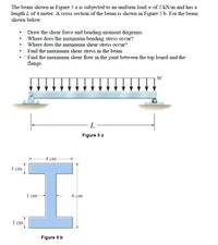 The beam shown in Figure 5 a is subjected to an uniform load w of 2 kN/m and has a
length L of 4 meter. A cross section of the beam is shown in Figure 5 b. For the beam
shown below:
• Draw the shear force and bending moment diagrams.
• Where does the maximum bending stress occur?
• Where does the maximum shear stress occur?
Find the maximum shear stress in the beam
Find the maximum shear flow in the joint between the top board and the
flange.
L
Figure 5 a
4 cm
1 cm
1 cm
6 cm
1 cm
Figure 5 b
