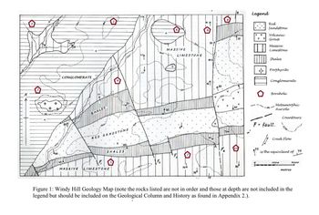 N
2
+
400-
CONGLOMERATE
500
+
MASSIVE
HALES
RED SANDSTONE
SHALES
F
MASSIVE
LIMESTONE
Fz
25
LIMESTONE
600·
-600-
65
B
Legend
8
115
20
40V
V
↑30
Red
Sandstone
Volcanic
v Group
Massive
Limestone
Shales
Porphyrite
Conglomerate
□□□
Borehole
160
-m
Metamorphic
Auriole
F = fault.
Countours:
100
༽7”
Creek Flow
is the equivilant of 75
1000
metres
Figure 1: Windy Hill Geology Map (note the rocks listed are not in order and those at depth are not included in the
legend but should be included on the Geological Column and History as found in Appendix 2.).
2000