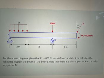 3
2m
d
300N
B
3 m
30%
F₁
M=1500Nm
For the above diagram, given that F₁ = 800 N, w = 400 N/m and d = 4 m, calculate the
following (neglect the depth of the beam). Note that there is a pin support at A and a roller
support at B.