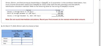 Winkin, Blinkin, and Nod are equal shareholders in SleepEZ, an S corporation. In the conditions listed below, how
much income should each report from SleepEZ for 2023 under both the daily allocation and the specific
identification allocation methods? Refer to the following table for the timing of SleepEZ's income.
Period
January 1 through March 17 (76 days)
March 18 through December 31 (289 days)
January 1 through December 31, 2023 (365 days)
Note: Do not round intermediate calculations. Round your final answers to the nearest whole dollar amount.
b. On March 17, 2023, Blinkin sells his shares to Nod.
Winkin
Blinkin
Nod
Income Reported
Daily
Allocation
Method
Specific
Identification
Method
Income
$ 150,000
400,000
$ 550,000