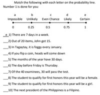 Match the following with each letter on the probability line.
Number 1 is done for you:
a
e
Impossible Unlikely Even Chance Likely
Certain
0.25
0.5
0.75
1
e 1) There are 7 days in a week.
_2) Out of 20 items, John got 15.
_3) In Tagaytay, it is foggy every January.
_4) If you flip a coin, heads will come down
_5) The months of the year have 30 days.
_6) The day before Friday is Thursday.
_7) Of the 40 examinees, 30 will pass the test.
_8) The student to qualify for first honors this year will be a female.
9) The student to qualify for first honors this year will be a girl.
_10) The next president of the Philippines is a Filipino.
