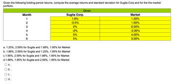 Given the following holding-period returns, compute the average returns and standard deviation for Sugita Corp and for the the market
portfolio.
a..
b..
C..
Month
a. 1.25%, 2.59% for Sugita and 1.88%, 1.95% for Market
b. 1.88%, 2.59% for Sugita and 1.25%, 1.95% for Market
c.1.95%, 2.59% for Sugita and 1.88%, 1.95% for Market
d. 1.88%, 1.95% for Sugita and 2.59%, 1.95% for Market
d..
123 45
6
Given
Sugita Corp.
1.8%
-0.5%
2%
-2%
5%
5%
Market
1.50%
1.00%
0.00%
-2.00%
4.00%
3.00%