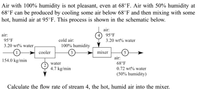 Air with 100% humidity is not pleasant, even at 68°F. Air with 50% humidity at
68°F can be produced by cooling some air below 68°F and then mixing with some
hot, humid air at 95°F. This process is shown in the schematic below.
air:
4 95°F
3.20 wt% water
air:
95°F
cold air:
3.20 wt% water,
100% humidity
cooler
3
mixer
air:
154.0 kg/min
water
68°F
4.7 kg/min
0.72 wt% water
(50% humidity)
Calculate the flow rate of stream 4, the hot, humid air into the mixer.
