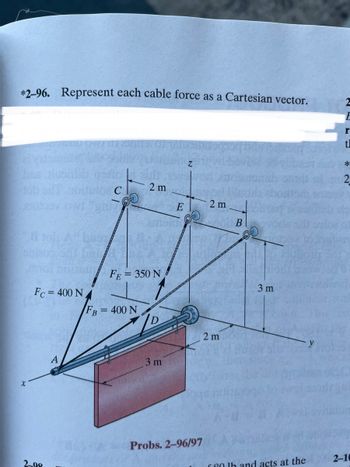 *2-96. Represent each cable force as a Cartesian vector.
ayusing bing
x
#Toby
no
Fc = 400 N
2.98
red
A
C
2 m
FE = 350 N
FB = 400 N
3 m
E
Z
Probs. 2-96/97
2 m
2 m
B
SEYCHE
3 m
680 1h and acts at the
E
r
t
*
2
2-10