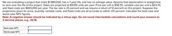 We are evaluating a project that costs $1,980,000, has a 7-year life, and has no salvage value. Assume that depreciation is straight-line
to zero over the life of the project. Sales are projected at 89,100 units per year. Price per unit is $38.55, variable cost per unit is $23.70,
and fixed costs are $845,000 per year. The tax rate is 25 percent and we require a return of 12 percent on this project. Suppose the
projections given for price, quantity, variable costs, and fixed costs are all accurate to within ±10 percent. Calculate the best-case and
worst-case NPV figures.
Note: A negative answer should be indicated by a minus sign. Do not round intermediate calculations and round your answers to
2 decimal places, e.g., 32.16.
Best-case NPV
Worst-case NPV