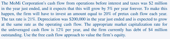 The MoMi Corporation's cash flow from operations before interest and taxes was $2 million
in the year just ended, and it expects that this will grow by 5% per year forever. To make this
happen, the firm will have to invest an amount equal to 20% of pretax cash flow each year.
The tax rate is 21%. Depreciation was $200,000 in the year just ended and is expected to grow
at the same rate as the operating cash flow. The appropriate market capitalization rate for
the unleveraged cash flow is 12% per year, and the firm currently has debt of $4 million
outstanding. Use the free cash flow approach to value the firm's equity.