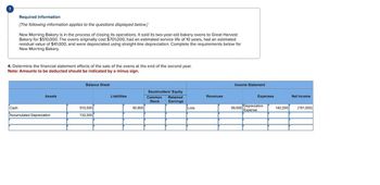 Required information
[The following information applies to the questions displayed below.]
Cash
New Morning Bakery is in the process of closing its operations. It sold its two-year-old bakery ovens to Great Harvest
Bakery for $510,000. The ovens originally cost $701,000, had an estimated service life of 10 years, had an estimated
residual value of $41,000, and were depreciated using straight-line depreciation. Complete the requirements below for
New Morning Bakery.
4. Determine the financial statement effects of the sale of the ovens at the end of the second year.
Note: Amounts to be deducted should be indicated by a minus sign.
Assets
Accumulated Depreciation
Balance Sheet
510,000
132,000
Liabilities.
50,800
Stockholders' Equity
Common Retained
Stock Earnings
Loss
Revenues
Income Statement
59,000
Expenses
Depreciation
Expense
140,200
Net Income
(191,000)