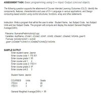 ASSESSMENT TASK: Basic programming using C++ Input/ Output (cin/cout object)
The following question supports the attainment of Course Intended Learning Outcomes (CILO): Identify the
components, features, characteristics and uses of C++ Language in various applications; and Design
computing-based solution using control structures, functions, array and other statements.
Instruction: Write a program that will let the user to enter: Student Name, two Subject Code, two Subject
Units and two Subject Grade. The program will compute and display the student General Weighted
Average(GWA).
Filename: SurnamePrelimActivity2.cpp
Variables: studName, cCode1, cCode2, cUnit1, cUnit2, cGrade1, cGrade2, totUnits, gwa=0.
Formula: totUnits=sUnit1 + sUnit2
gwa= ((cGrade1*cUnits 1)+( cGrade2*cUnits2)/ totUnits
SAMPLE OUTPUT
Enter student name: Jasmin
Enter course code 1: ITE 001
Enter course grade 1: 95
Enter course unit 1: 4
Enter course code 2: ITE011
Enter course grade 2: 97
Enter course unit 2: 3
Student Name: Jasmin
COURSES
Units
Grade
ITE001
4.
95
ITE011
3
97
General Weighted Average(GWA) = 95
%3D
