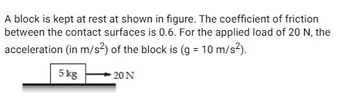 A block is kept at rest at shown in figure. The coefficient of friction
between the contact surfaces is 0.6. For the applied load of 20 N, the
acceleration (in m/s²) of the block is (g = 10 m/s²).
5kg
20 N