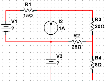 V1
-?
R1
15Ω
12
1Α
V3
R2
25Ω
R3
20Ω
Μ
M
R4
8Ω