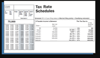 Таx Rate
Schedules
If Taxable
income is
Married Married Head of
filing
jointly* sepa-
rately
At
least
Single
But
less
than
filing
a
house-
hold
Your tax is-
Schedule Y-1–If your filing status is Married filing jointly or Qualifying widow(er)
75,000
The Tax Due Is:
of the
If Taxable income is Between
But not
аmount
75,000
75,050
75.100
75,050
75,100
75,150
75,200
75,250
12,445
12,456
12,467
12,478
12,489
8,622
8,628
8.634
12,445
12,456
12,467
12,478
12,489
11,054
11,065
11,076
11,087
11,098
Over-
over-
over-
$0
19,050
10%
$0
75,150
75,200
8,640
8,646
19,051
77,400
$1,905 + 12%
19,050
75,300
75,350
75,400
75,400 75,450
75,500
75,250
8,652
8,658
8,664
8,670
8,676
11,109
12,500
12,511
12,522
12,533
12,544
12,500
12,511
12,522
12,533
12,544
77,401
165,000
8,907 + 22%
77,400
75,300
75,350
11,120
11,131
11,142
11,153
165,001
315,000
28,179 + 24%
165,000
75,450
315,001
400,000
64,179 + 32%
315,000
75,500
11,164
12,555
12,566
12,577
12,588
600,000
75,550
75,600
75,650
75,700
75,750
12,555
12,566
12,577
12,588
12,599
8,682
8,688
8,694
8,700
8,706
400,001
91,379 + 35%
400,000
75,550
75,600
75.650
11,175
11,186
600,001
161,379 + 37%
600,000
11,197
11,208
75,700
12,599
75,800
75,850
8,712
8,718
8,724
12,610
12,621
12,632
12,643
12,654
75,750
75,800
12,610
12,621
12,632
11,219
11,230
75,850
75,900
75,900
75,950
76,000
12,643
12,654
11,241
11,252
11,263
8,730
75,950
8,736
