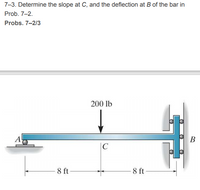 **Problem 7-3: Deflection and Slope Calculation for a Beam**

**Objective:**  
Determine the slope at point \( C \) and the deflection at point \( B \) of the bar as outlined in Problem 7-2.

**Diagram Explanation:**

The beam is horizontal and simply supported at point \( A \) and at a fixed support at point \( B \). The bar is subjected to a 200 lb force acting downward at point \( C \).

- **Support at \( A \):** The left end of the beam is supported in a manner allowing rotation and horizontal movement. 
- **Fixed support at \( B \):** The right end of the beam is fixed, preventing any movement.
- **Load at \( C \):** A concentrated load of 200 lb is applied downward at the midpoint (\( C \)) of the beam.

The beam is 16 feet long in total, with 8 feet from \( A \) to \( C \), and 8 feet from \( C \) to \( B \).

**Measurement Units:**

- Distance: Feet (ft)
- Force: Pounds (lb)

**Problem Reference:**

This problem continues from an earlier one (Prob. 7–2), which provides additional context or constraints for solving for the slope and deflection.