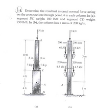 1-1 Determine the resultant internal normal force acting
on the cross section through point A in each column. In (a),
segment BC weighs 180 lb/ft and segment CD weighs
250 lb/ft. In (b), the column has a mass of 200 kg/m.
5 kip
|8 kN
B
200 mm
200 mm
6 kN|
6 kN
10 ft
8 in.
3 m
8 in.
200 mm
200 mm
3 kip
3 kip
4.5 kN
14.5 kN
C
4 ft
A
A
4 ft
I m
D
(а)
(h)
