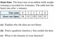 Heart Rate The heart rate of an athlete while weight
training is recorded for 4 minutes. The table lists the
heart rate after x minutes.
Time (min) 0 1 | 2 3 | 4
Heart rate (bpm) 84 |111| 120 |110| 85
120 110 85
(a) Explain why the data are not linear.
(b) Find a quadratic function f that models the data.
(c) What is the domain of your function?
