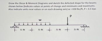 Draw the Shear & Moment Diagrams and sketch the defected shape for the beams
shown below (Indicate values at points of change and minimums and maximums.
Also indicate units near values or on each drawing axis) w = 650 lbs/ft, P = 3.5 kips
P
W
7
5tt5t + 5″ +
5 ft